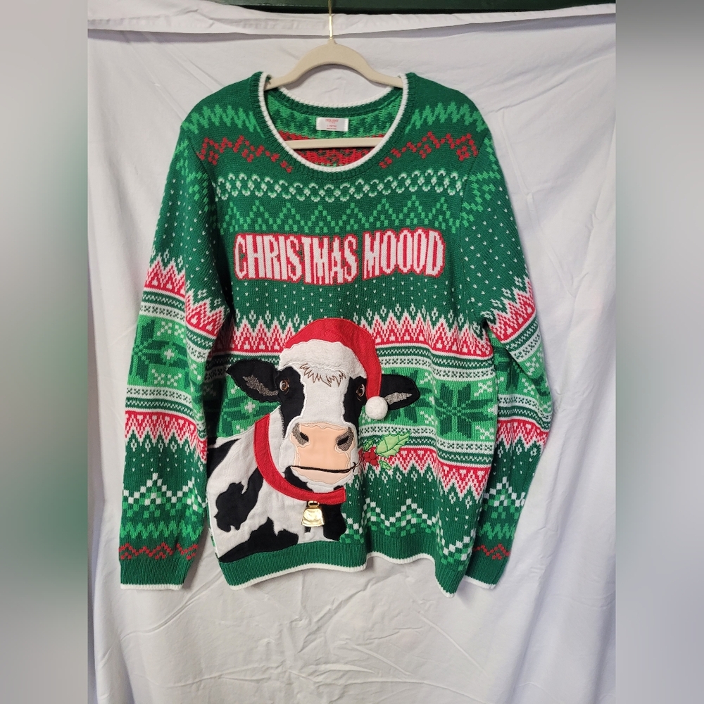 Christmas Mood Green Sweater with Cow Design